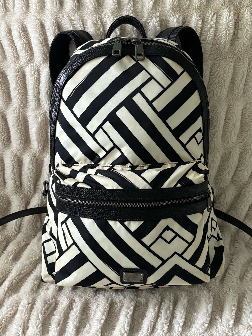 Dolce & Gabbana Backpack, Black and Ivory Geometric Print, Nylon & Leather